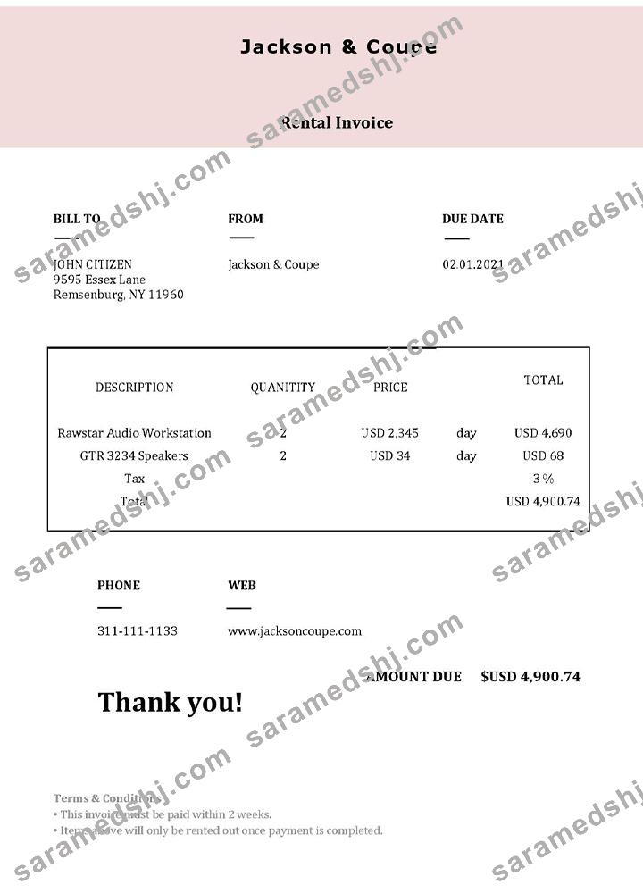 USA Jackson & Coupe invoice